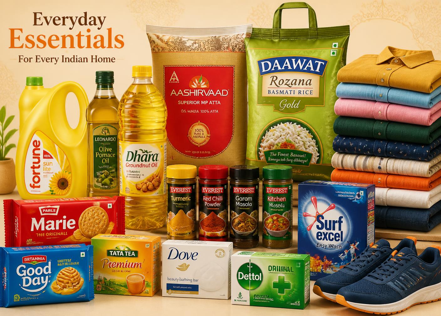 Family Bazar product range: oils, atta, rice, spices, biscuits, soaps, clothing and footwear