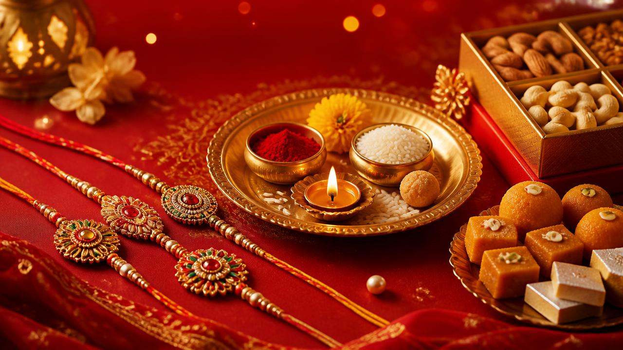 Raksha Bandhan rakhi threads, pooja thali, dry fruit gift box and sweets
